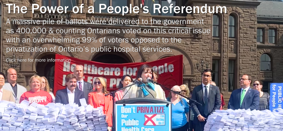 Natalie Mehra, stands in front of Queen's Park surrounded by 400,000 and by MPP who oppose bill 60.